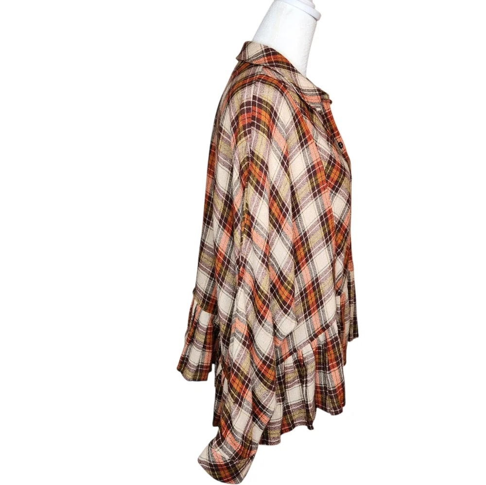 Free People Promise Everything Plaid Wool Blend Cropped Ruffle Top Size Medium